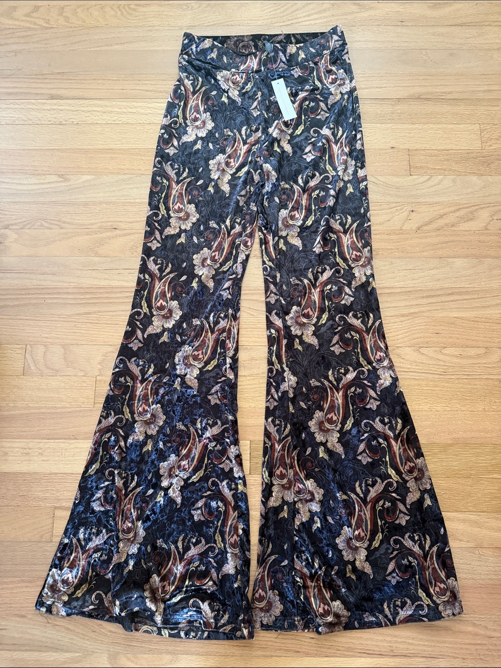 NEW ModCloth Medium Black & Tan Paisley Velvet Bell Bottom Pants